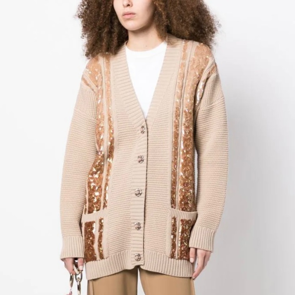 IZAAK AZANEI Caramel Sequin Cable Knit Cardigan Size Small